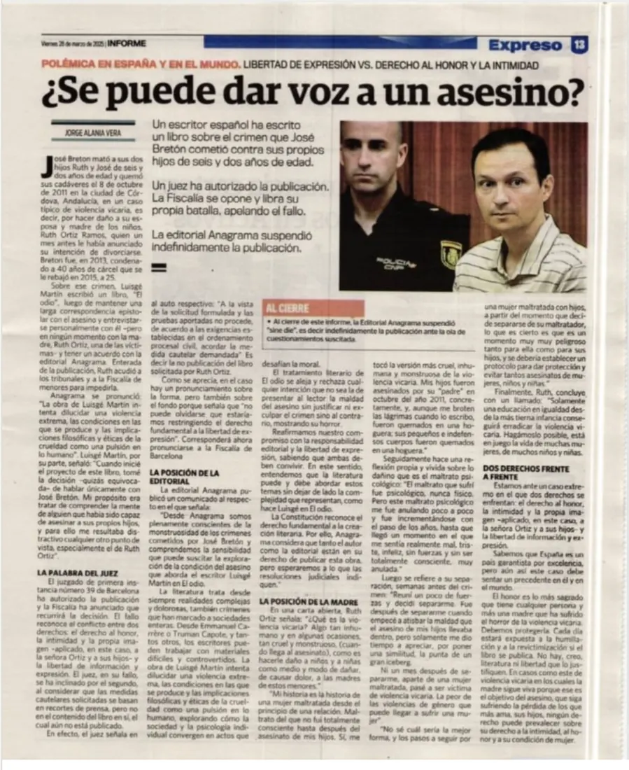 Página del diario Expreso con el informe ¿Se puede dar voz a un asesino?